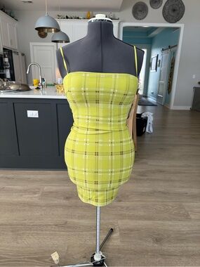 I.AM.GIA Lime Plaid Spaghetti-Strap Bodycon Dress